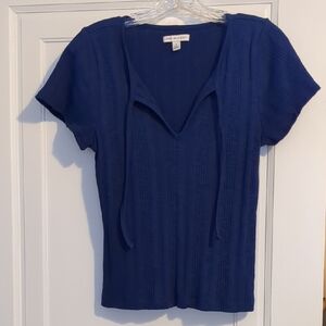 70s Style Deep Blue Notch Neck Tie Neck Top